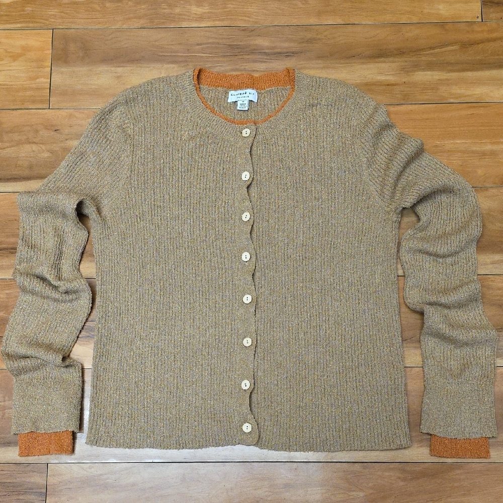 Current Air Anthropologie Tan & Orange Trim Ribbed Button-Up Cozy Cardigan Sz M